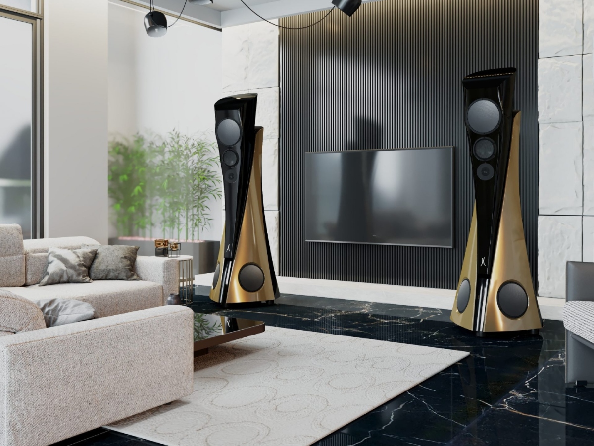 Estelon Extreme MKII speakers flank a TV in a stunning modern interior