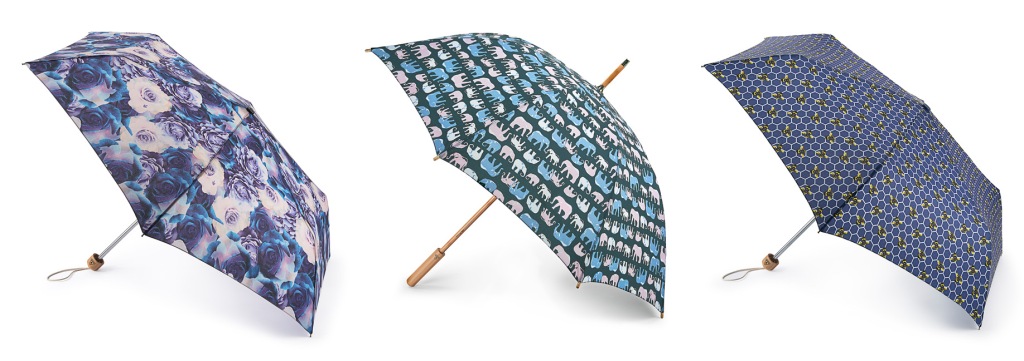 Fulton Umbrellas Eco Range open to display their three prints: Natural Bloom, Marching Elephants and Beehive