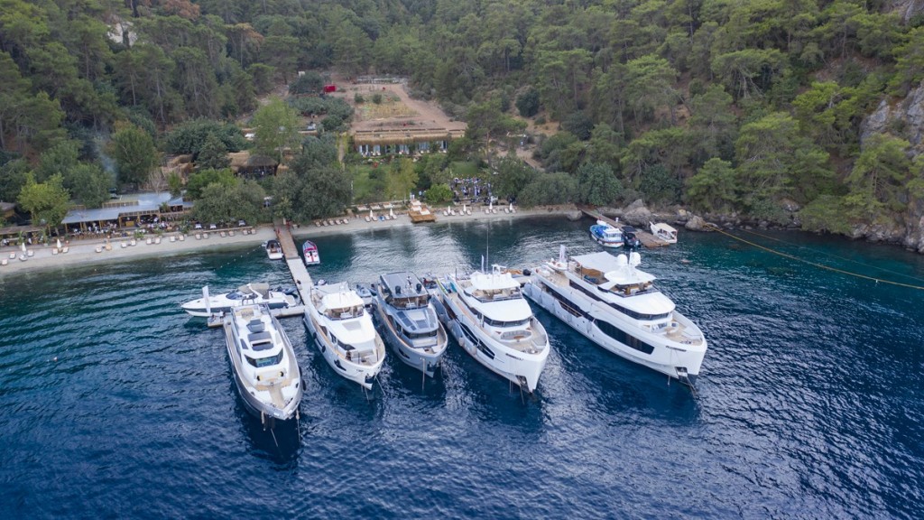 Five yachts line up on the dock at the luxury Turkey resort of the Yazz Collective
