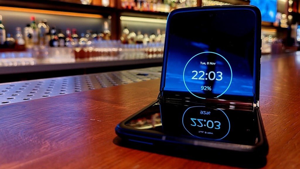 A Motorola Razr smartphone on the bar of Nobu Shoreditch