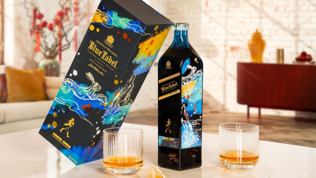 Johnnie Walker Blue Label Limited edition Lunar New Year bottle and two rocks glasses with the amber nectar