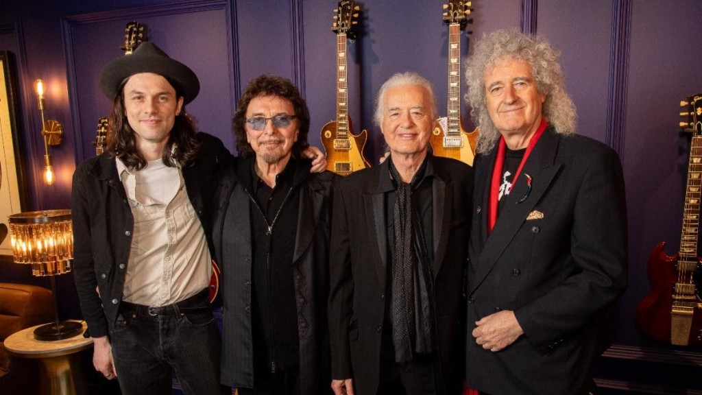 James Bay, Tony Iommi, Jimmy Page, and Sir Brian May at the Gibson Garage London kickoff event on February 22, 2024